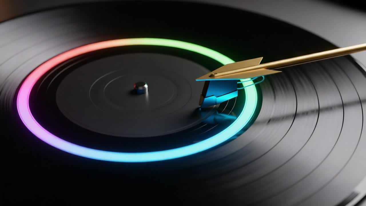 A captivating visual of a vinyl record player, showcasing an elegant stylus moving over a dynamic, color-changing circular groove, blending music and artistry seamlessly
