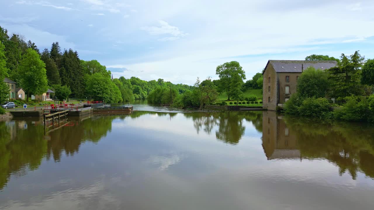 Peaceful River Scene with Mill and Lock