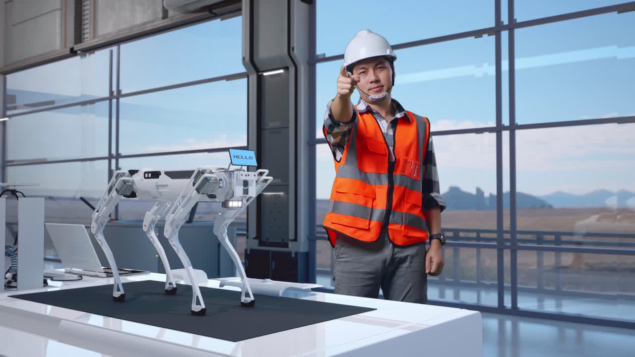 cuerpo lleno de ingeniero masculino asiático con casco de seguridad de pie en una fábrica de alta tecnología, analizando el concepto de la máquina robótica. sonriendo y tocando su pecho luego apuntando a usted