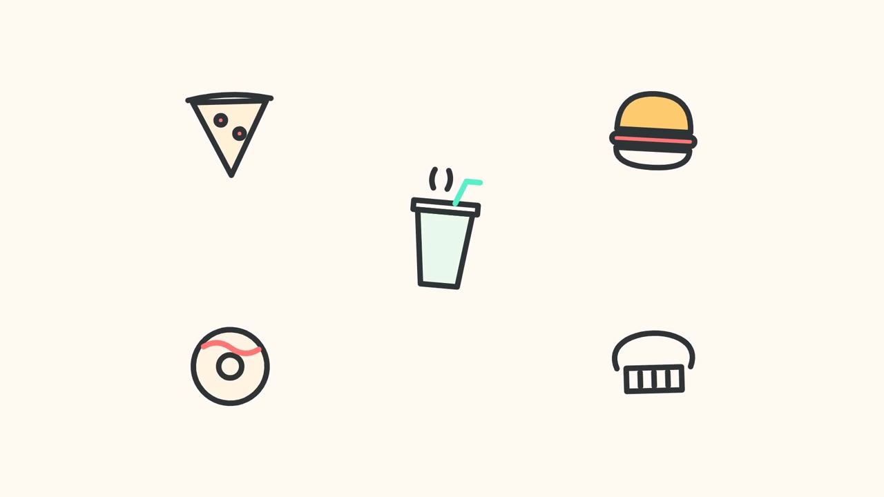 Ícones Animados em Arte de Linha de Fast Food e Bebidas
