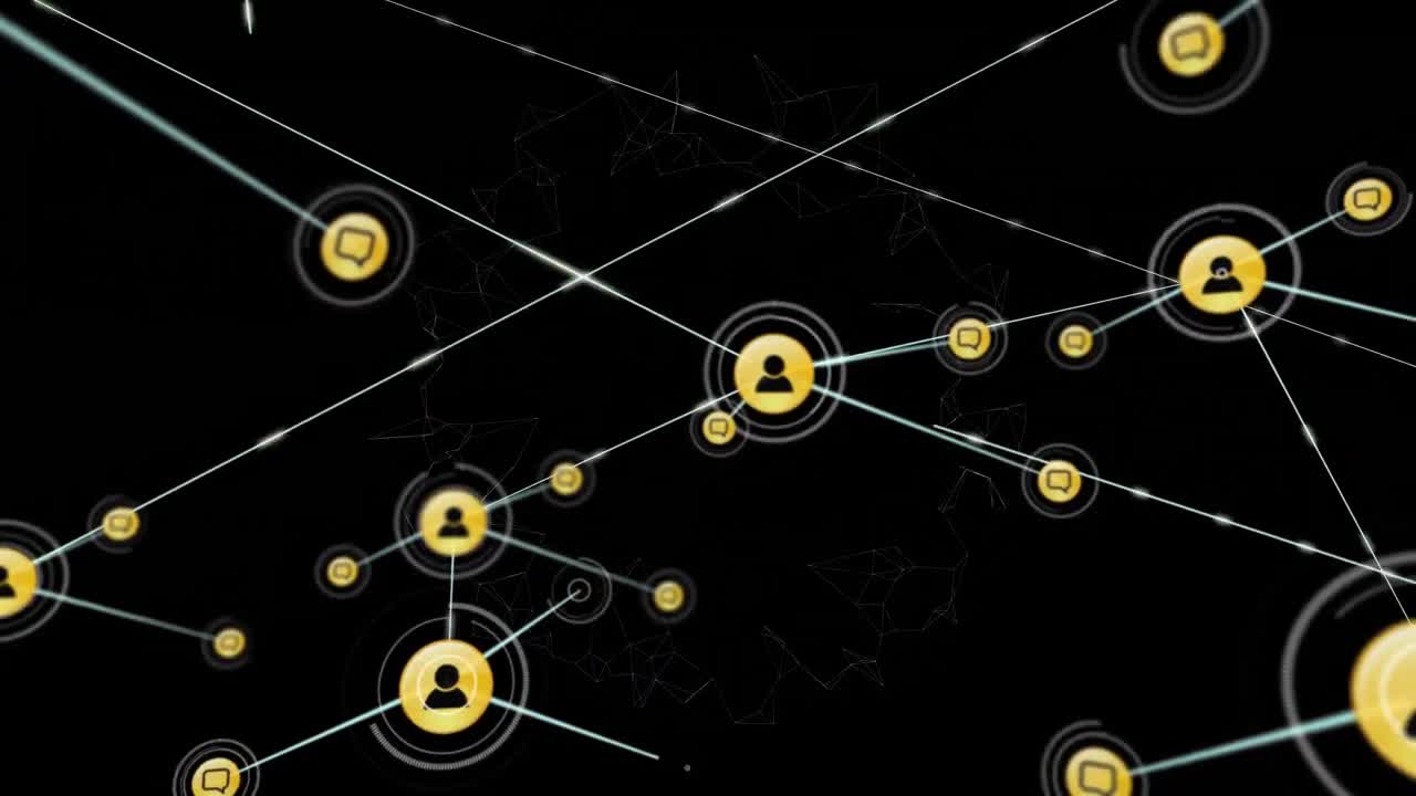 Animation of network of connections with icons over black background