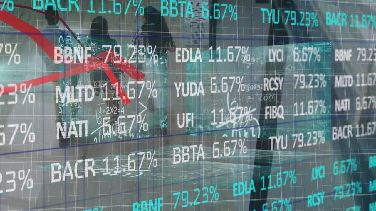 사무실을 걸어다니는 다양한 동료들에 대한 금융 데이터 처리의 애니메이션