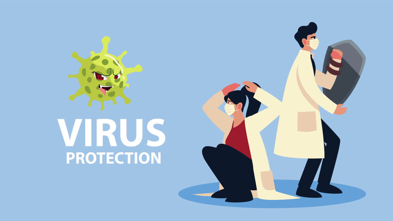 doctors couple wearing medical masks with covid19 particle