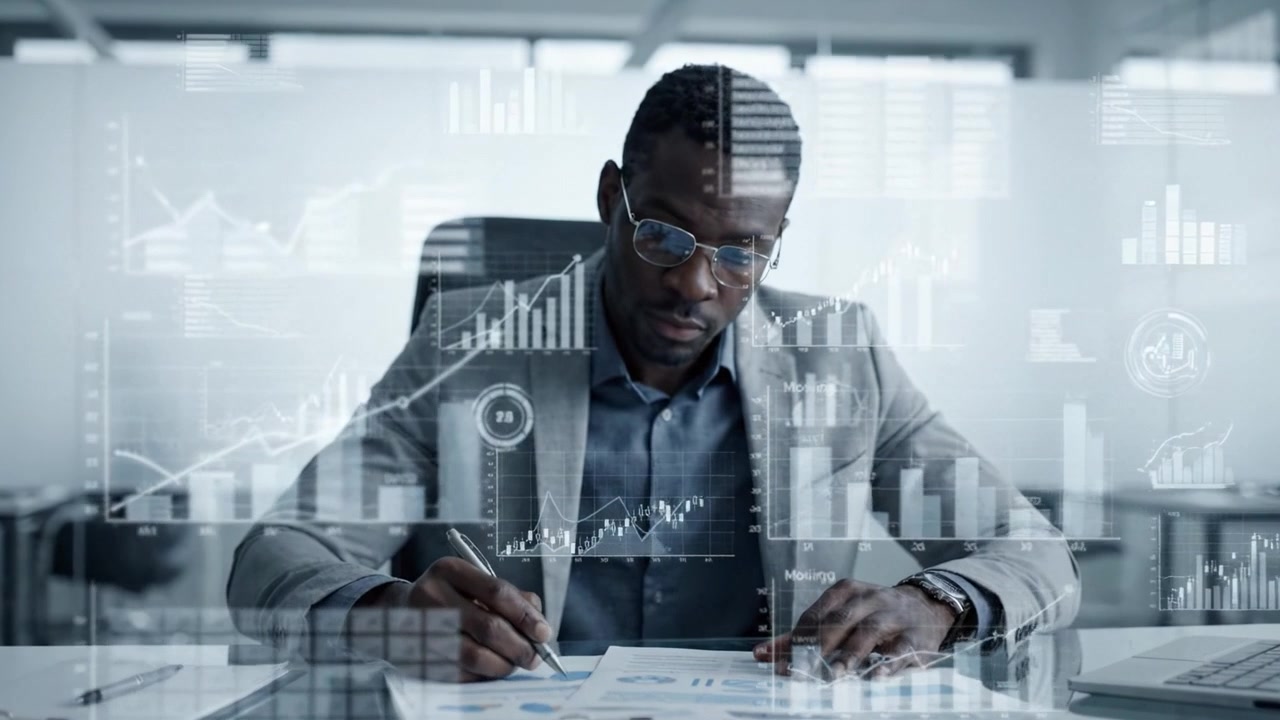 Professionel mand analyserer forretningsdata og -tendenser ved hjælp af digitale diagrammer og grafer i et moderne kontormiljø, fokuseret på finansielle præstationsmålinger