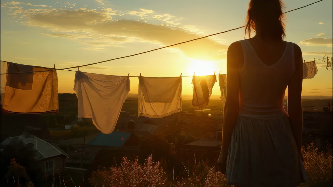 Young woman admiring a stunning sunset, standing by a clothesline with laundry gently swaying in the evening breeze, creating a serene and idyllic domestic atmosphere