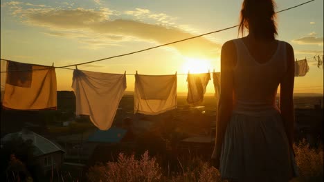 young woman admiring a stunning sunset, standing by a clothesline with laundry gently swaying in the evening breeze, creating a serene and idyllic domestic atmosphere