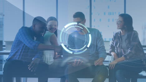 animation of scope scanning over business people using electronic devices