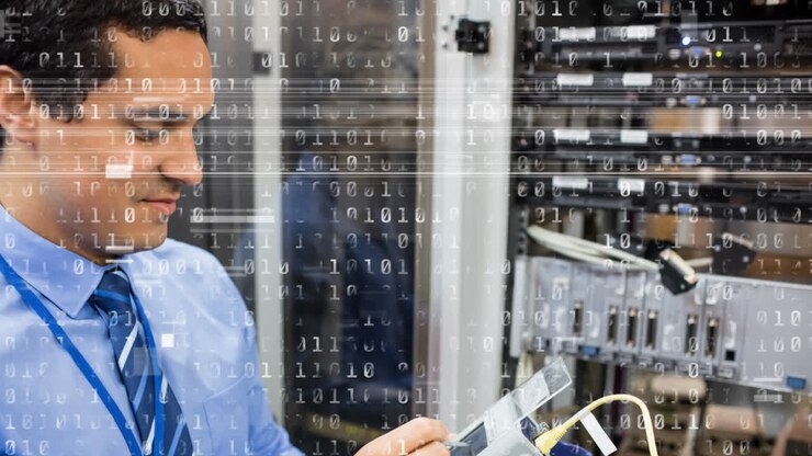 Animation of binary coding over biracial male worker inspecting server room