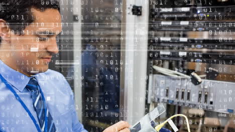 Animation-of-binary-coding-over-biracial-male-worker-inspecting-server-room