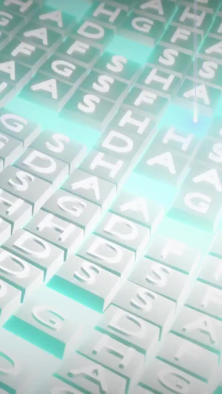 Animation of glowing light trails over rows of green letters sequencing moving in background