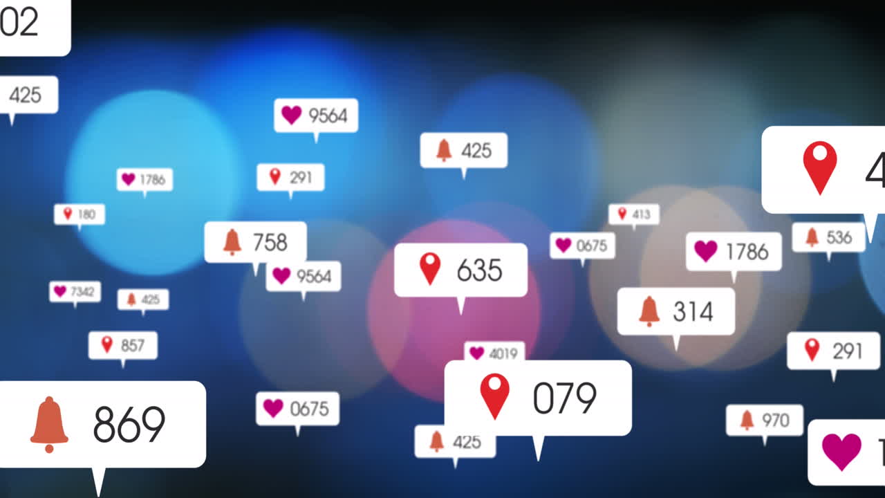 소셜 미디어 아이콘의 애니메이션은 파란색 배경에 다채로운 빛의 반점 위에 있습니다.