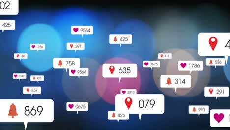 animación de iconos de redes sociales sobre manchas de luz coloridas contra un fondo azul.