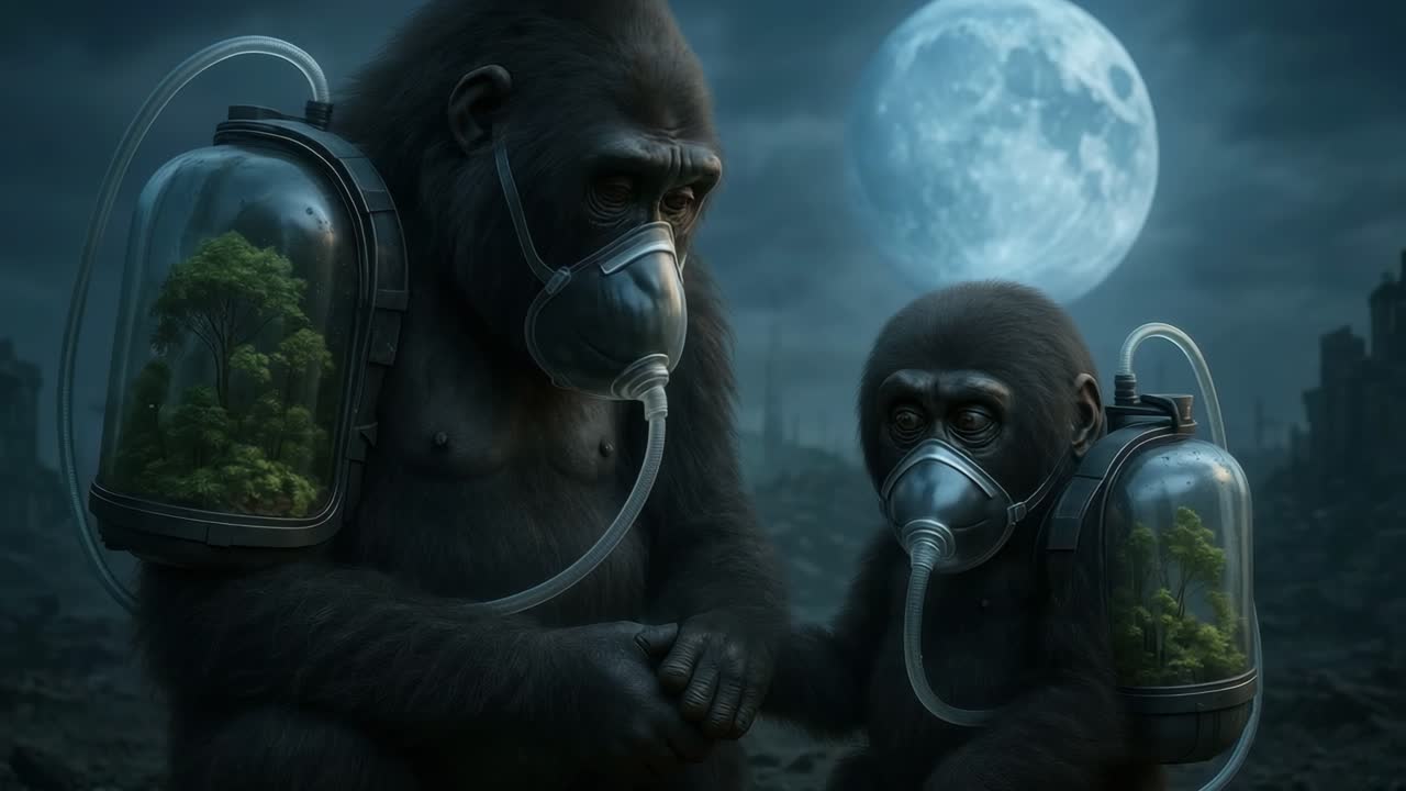 A surreal video concept of gorillas wearing oxygen masks with small ecosystems inside