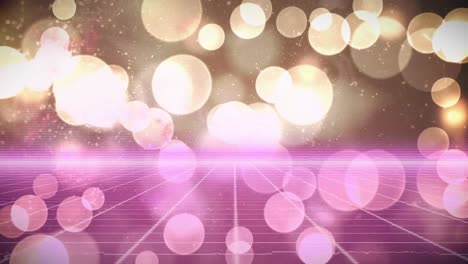 animation of glowing golden spots of light over pink grid network against black background