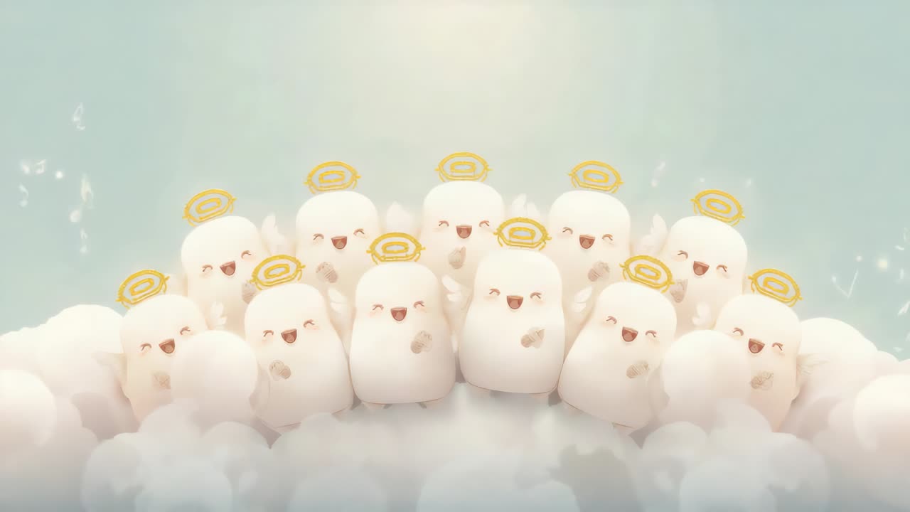 Singing after light brightening, group of figures spreading wings on cloud, golden halos glowing