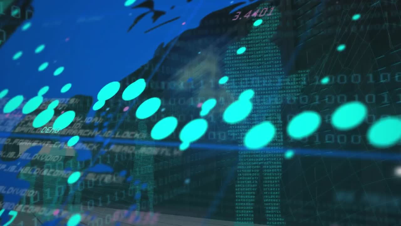 Animation of graphs over data processing, binary code, human silhouette in black space