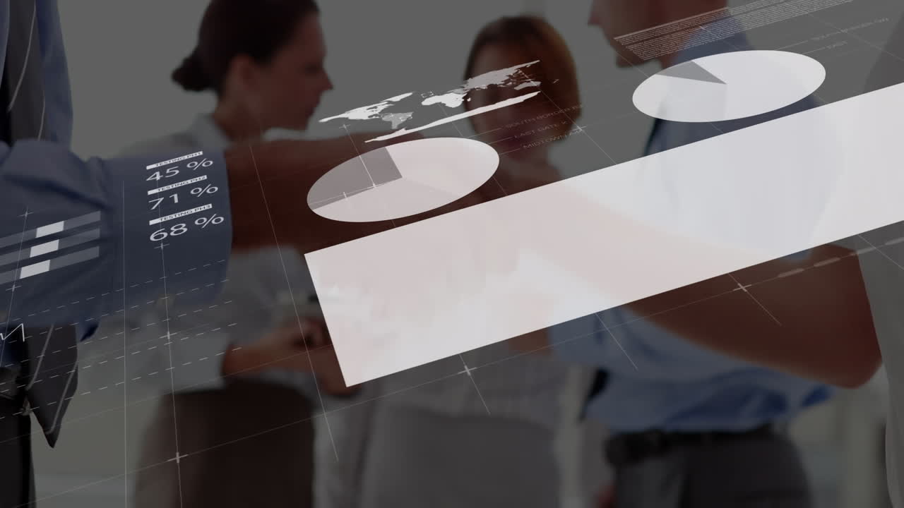 Animation of statistics and data processing over businessman handshake