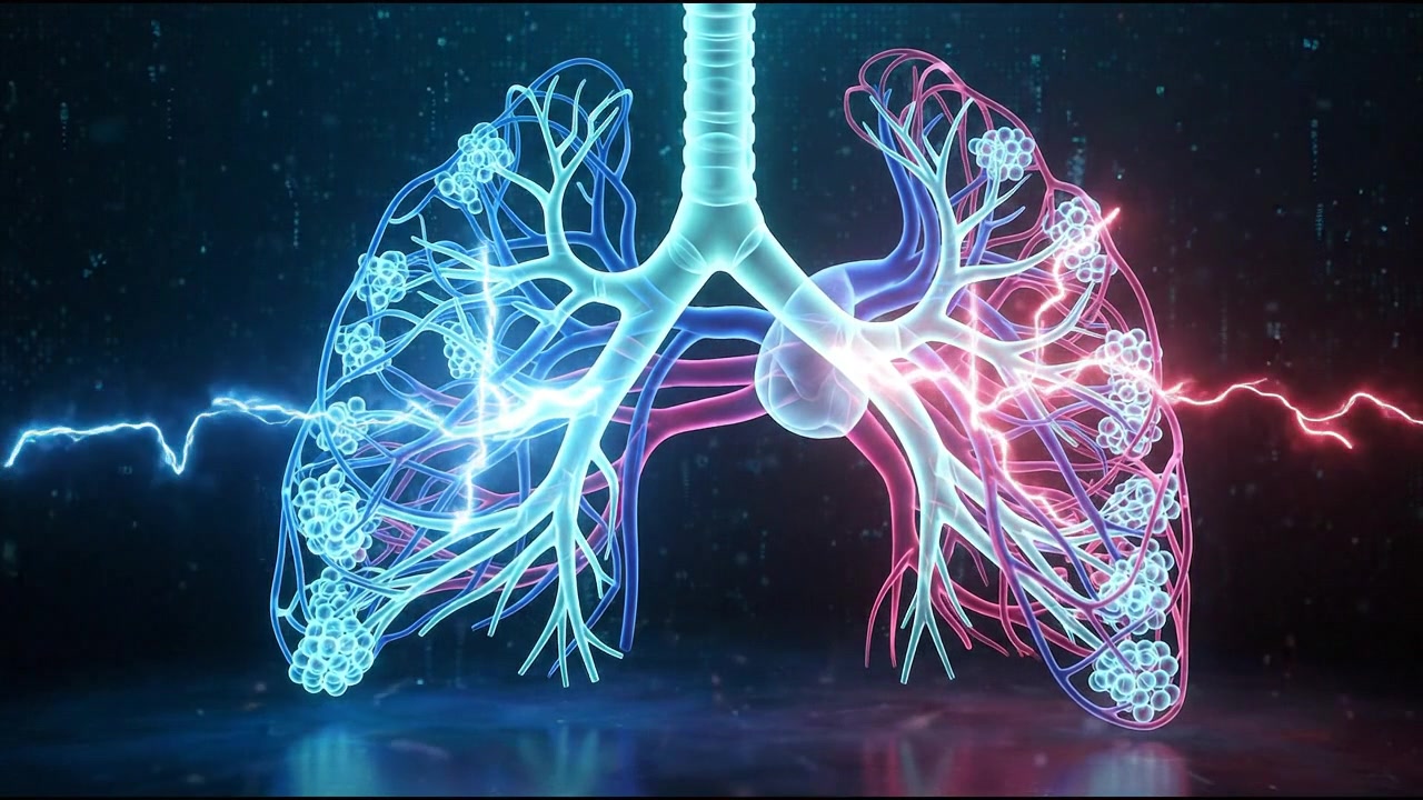 Animazione digitale dei polmoni umani con impulsi nervosi elettrici