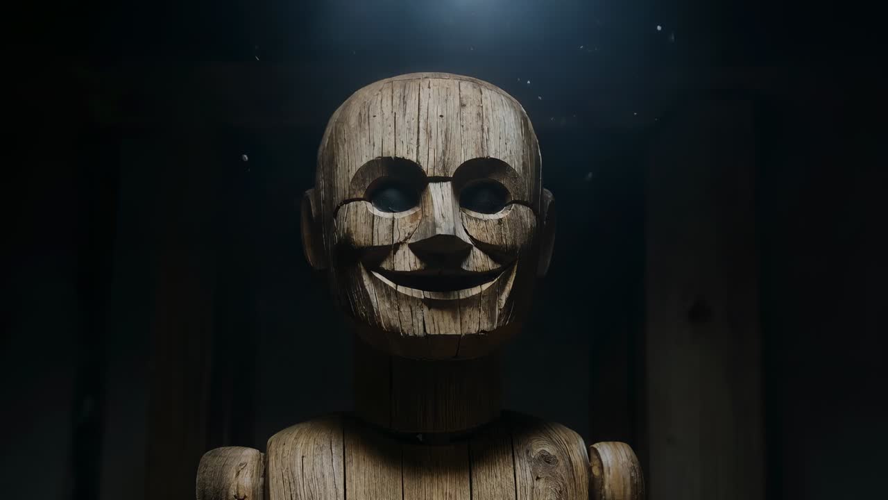 Pulling camera closer to carved wood puppet head, torso under shop spotlight, showing drifting dust