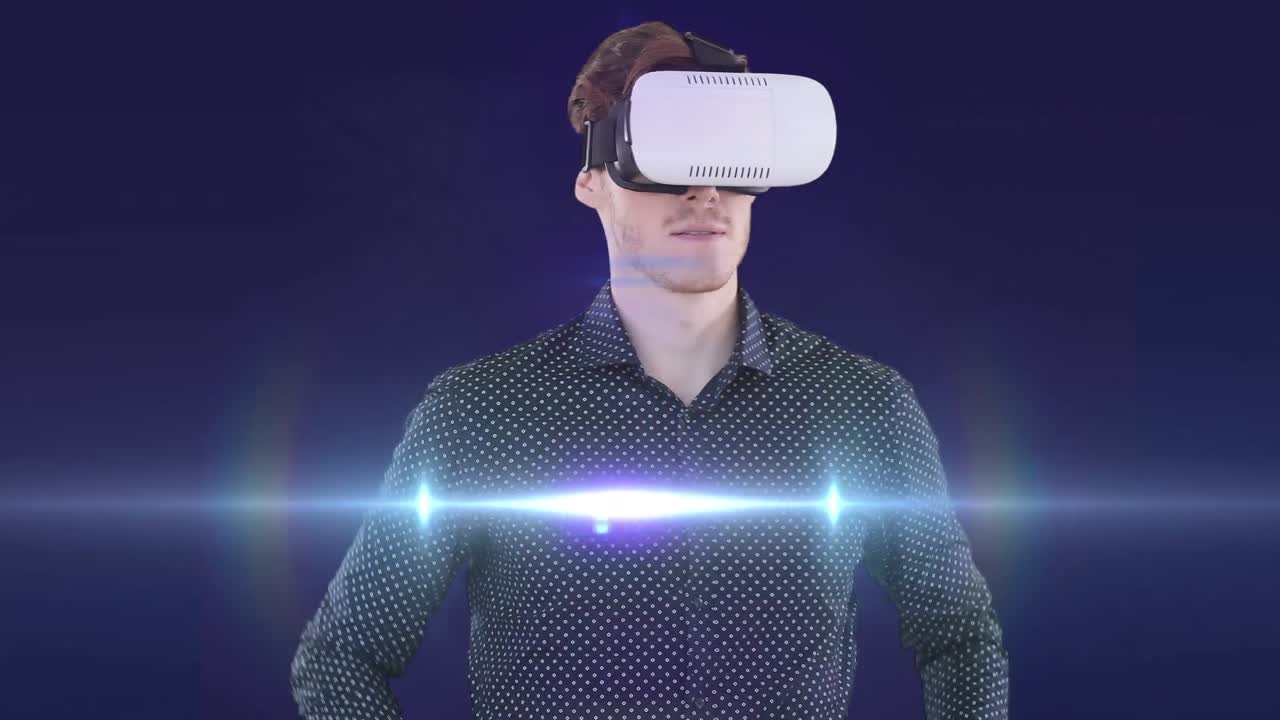 animazione di un uomo in auricolare vr utilizzando un'interfaccia virtuale, con un fascio di luce in movimento, su viola