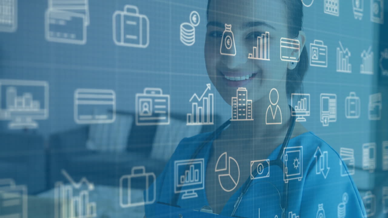 datos médicos y iconos de atención médica animación sobre un profesional de la salud sonriente