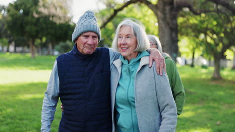 nature walk, conversation and old couple hug