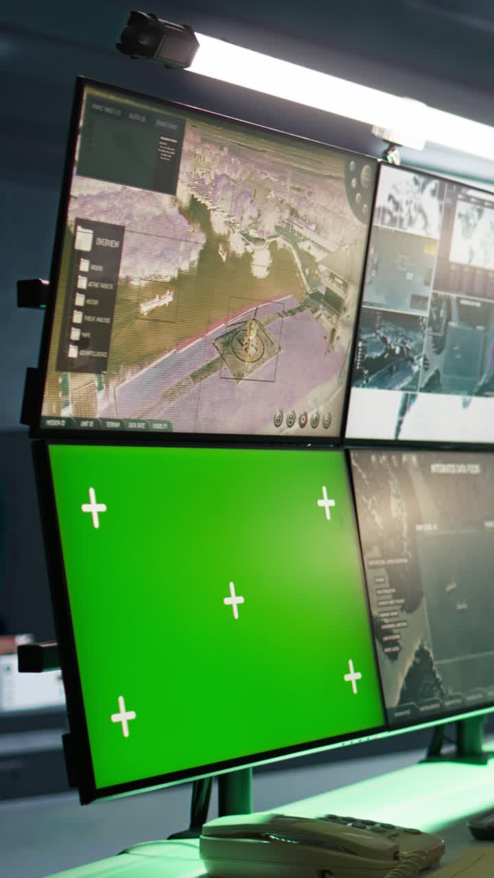 Vertical video Special forces spy examining data in monitoring room with chroma key monitors