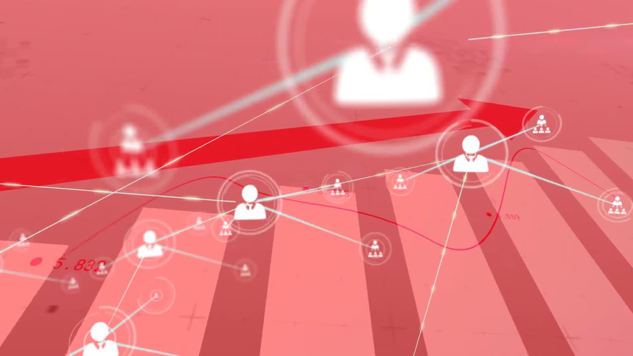 animación de datos financieros con flecha roja ascendente procesamiento a través de la red de conexiones con ico