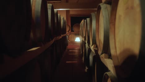 mid shot of wooden barrels in distillery