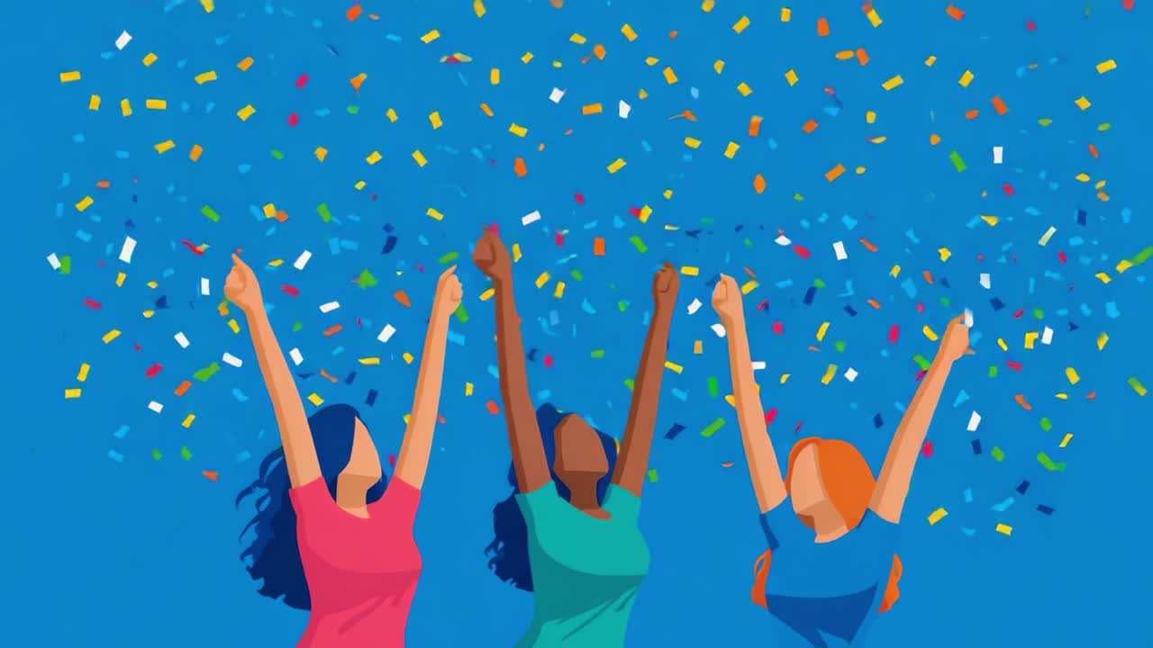 Celebratory Scene Featuring Three Joyful Women Raising Their Arms High Amidst Colorful Confetti Falling Against a Bright Blue Background, Illustrating a Moment of Triumph and Happiness