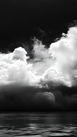 a black and white photo of a cloudy sky with smoke in the background. scene is somber and mysterious