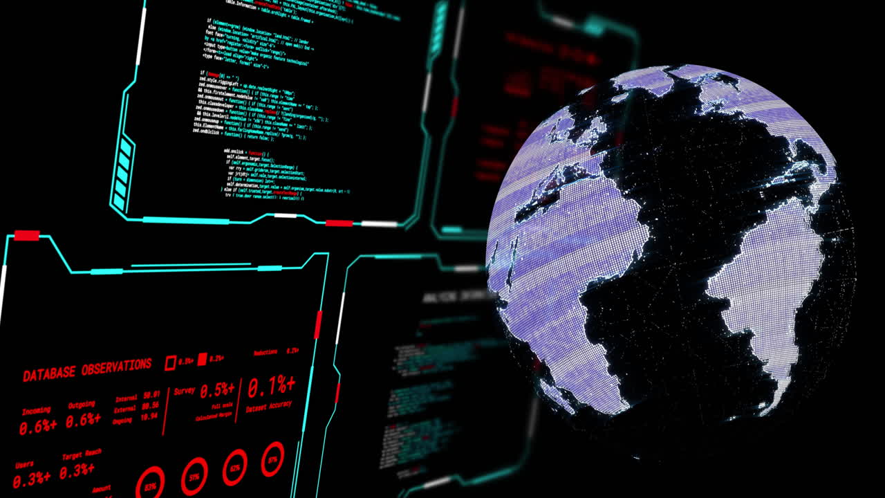 animación del procesamiento de datos digitales sobre pantallas y globo sobre fondo negro