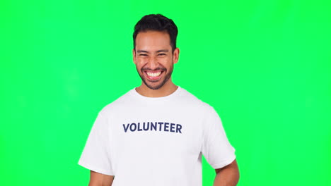 Face,-funny-volunteer-and-man-on-green-screen