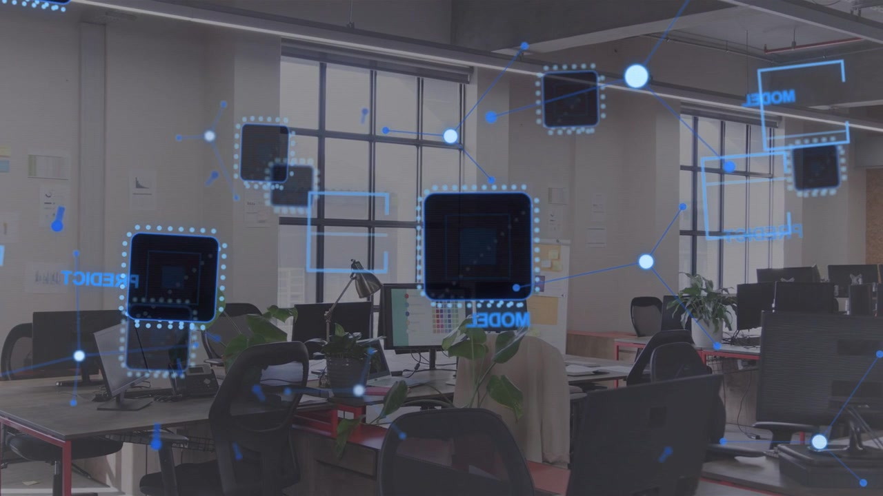 On data sync blue AR UI appearing over office, panels sliding, nodes pulsing to show workflow