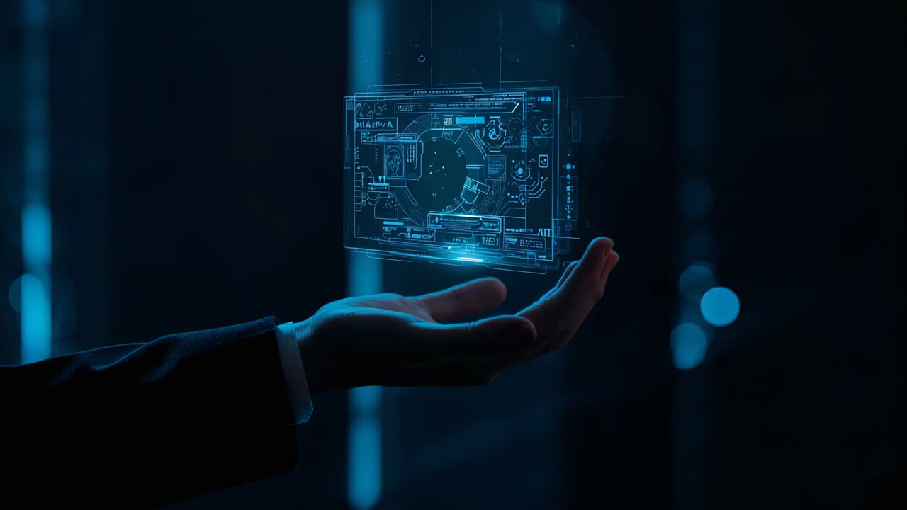 Holding suit-sleeved hand, projecting blue hologram from palm with icons and block in lab for demo