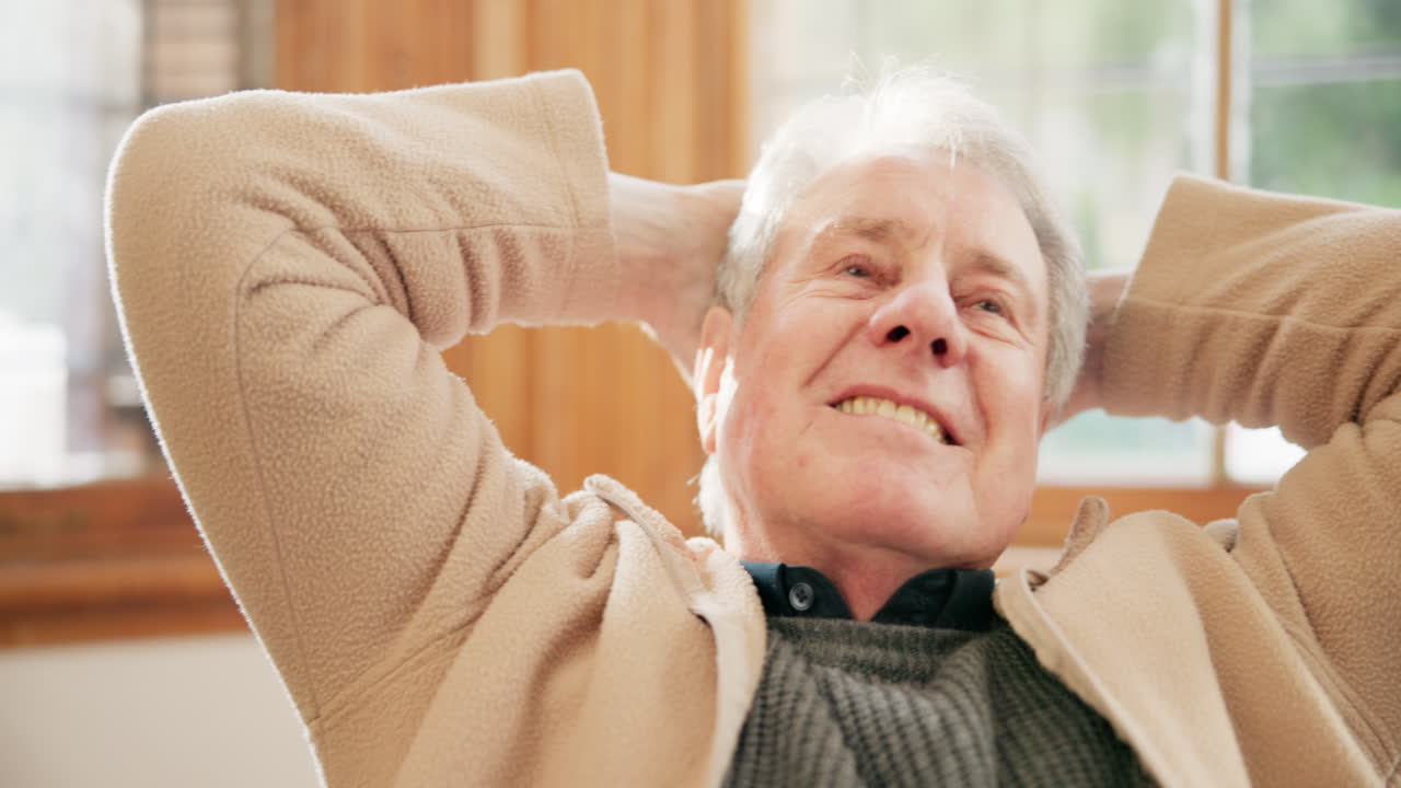 편안하고, 행복하고, 소파에 앉아 있는 노인