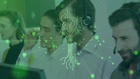 digital circuit overlay animation with customer service team working in office