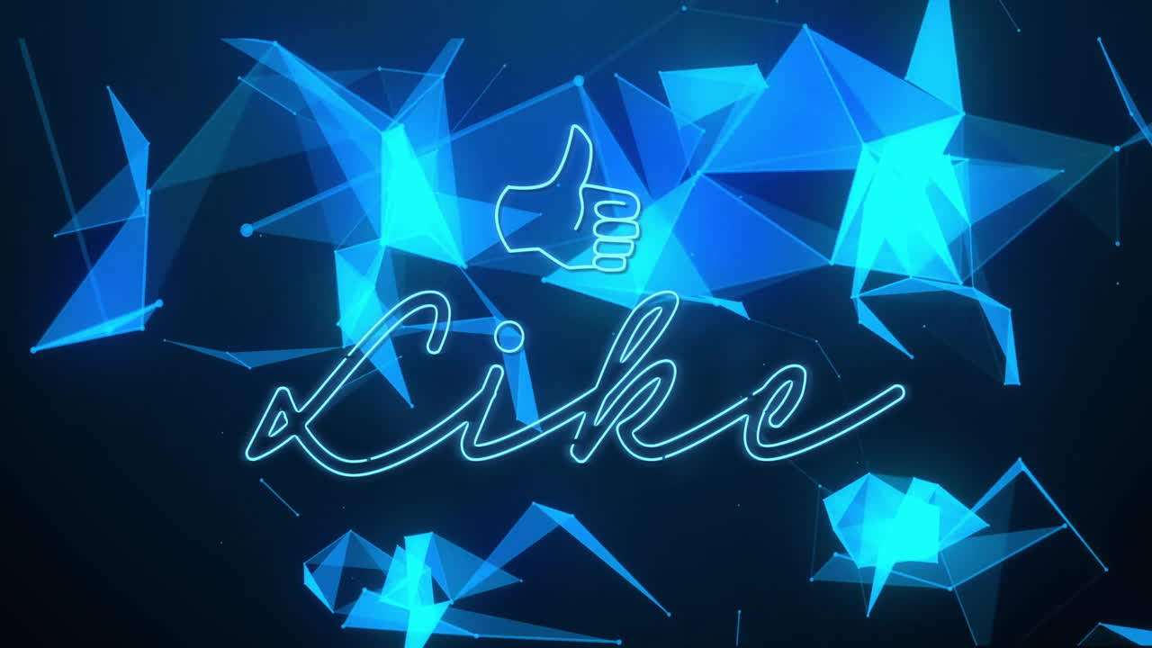 Like text and thumbs up sign animation over blue geometric shapes