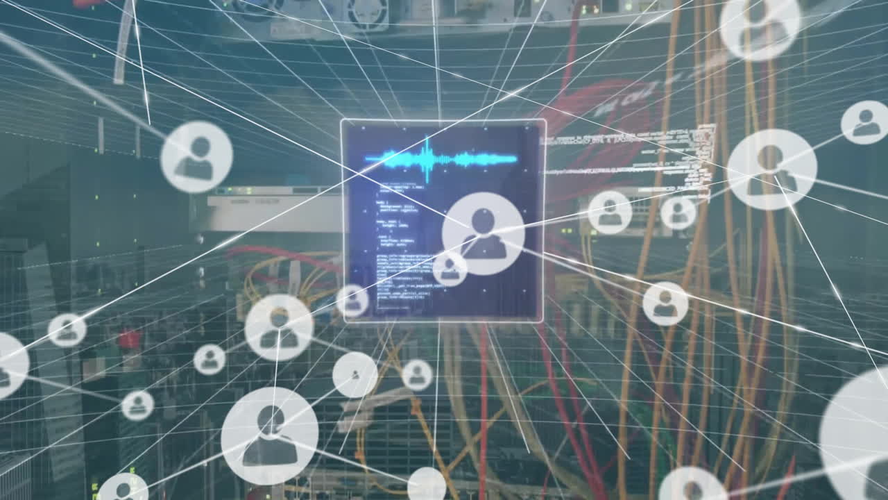 animación del procesamiento de datos financieros a través de una red de conexiones y servidores informáticos