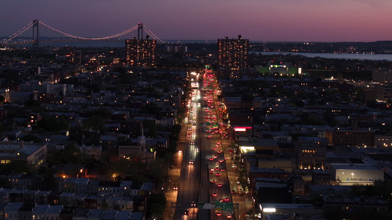 Shot in Bay Ridge, Brooklyn at night with rush hour traffic on the Belt Parkway