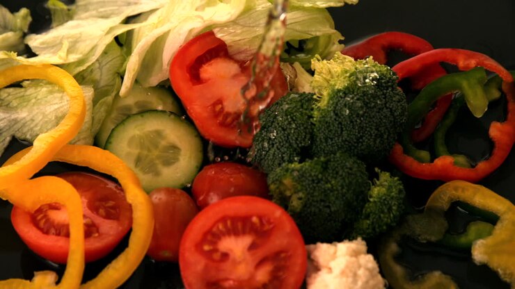 Water pouring over fresh salad