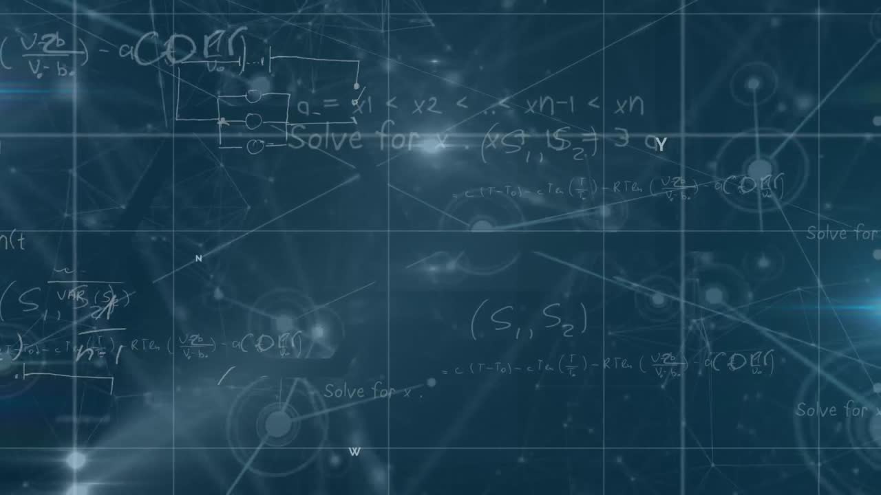 Animation of mathematical equations and data processing over black background