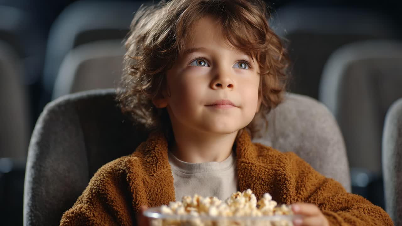 Un bambino affascinato si gode un film con una ciotola di popcorn, mentre guarda lo schermo con entusiasmo in un cinema scarsamente illuminato