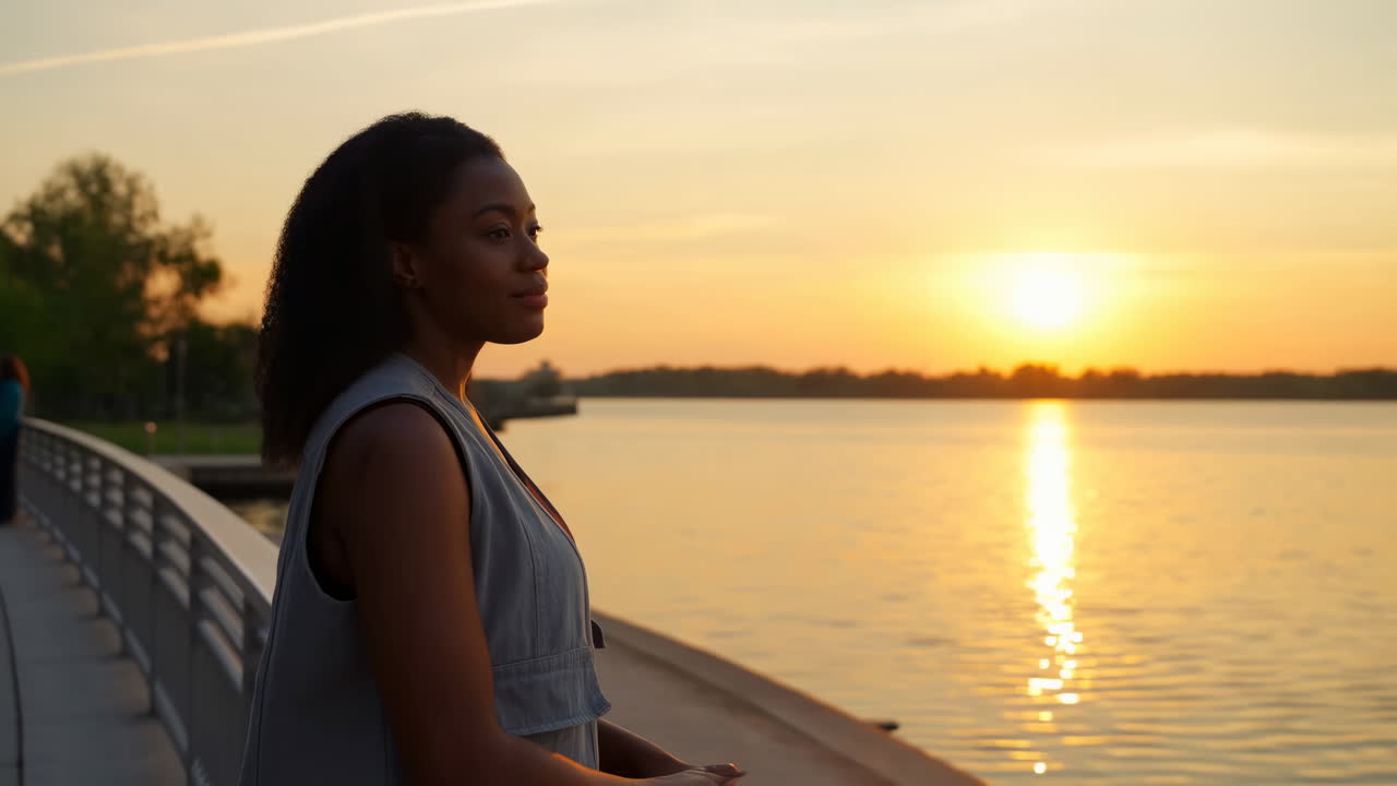 Giovane donna serena che osserva il tramonto dorato sull'acqua