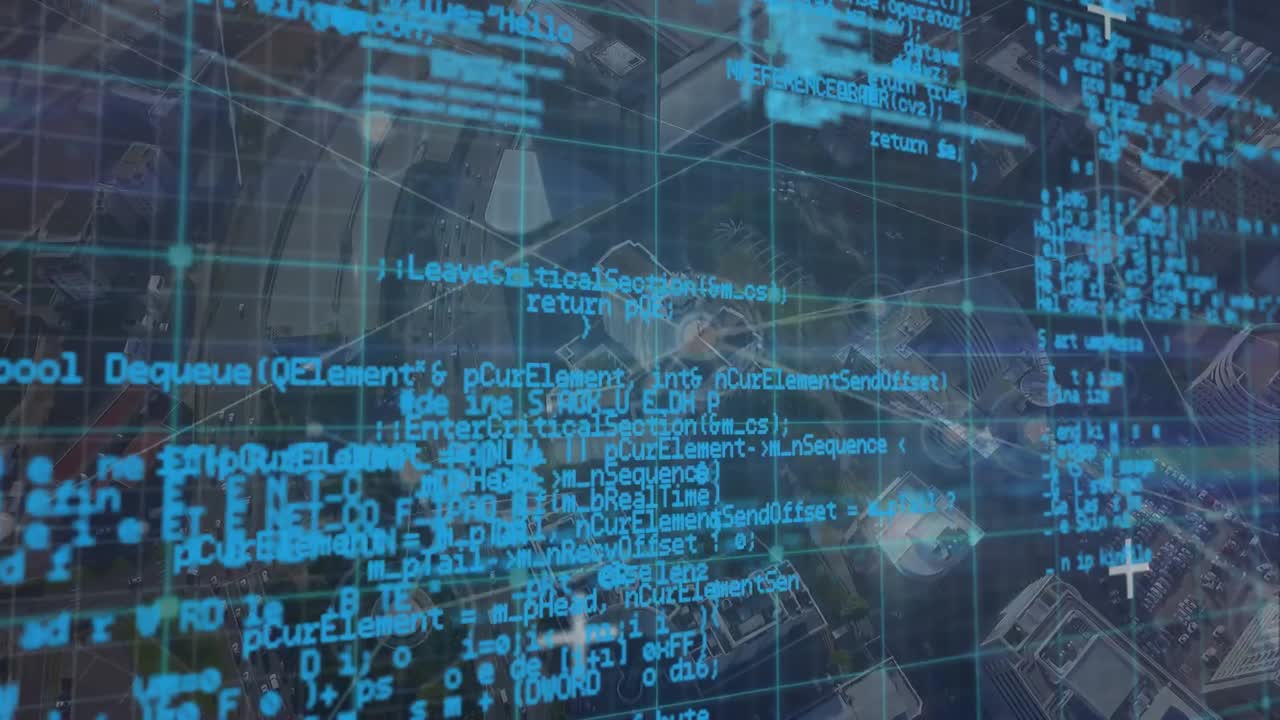 animación de la red de conexiones y procesamiento de datos sobre el paisaje urbano