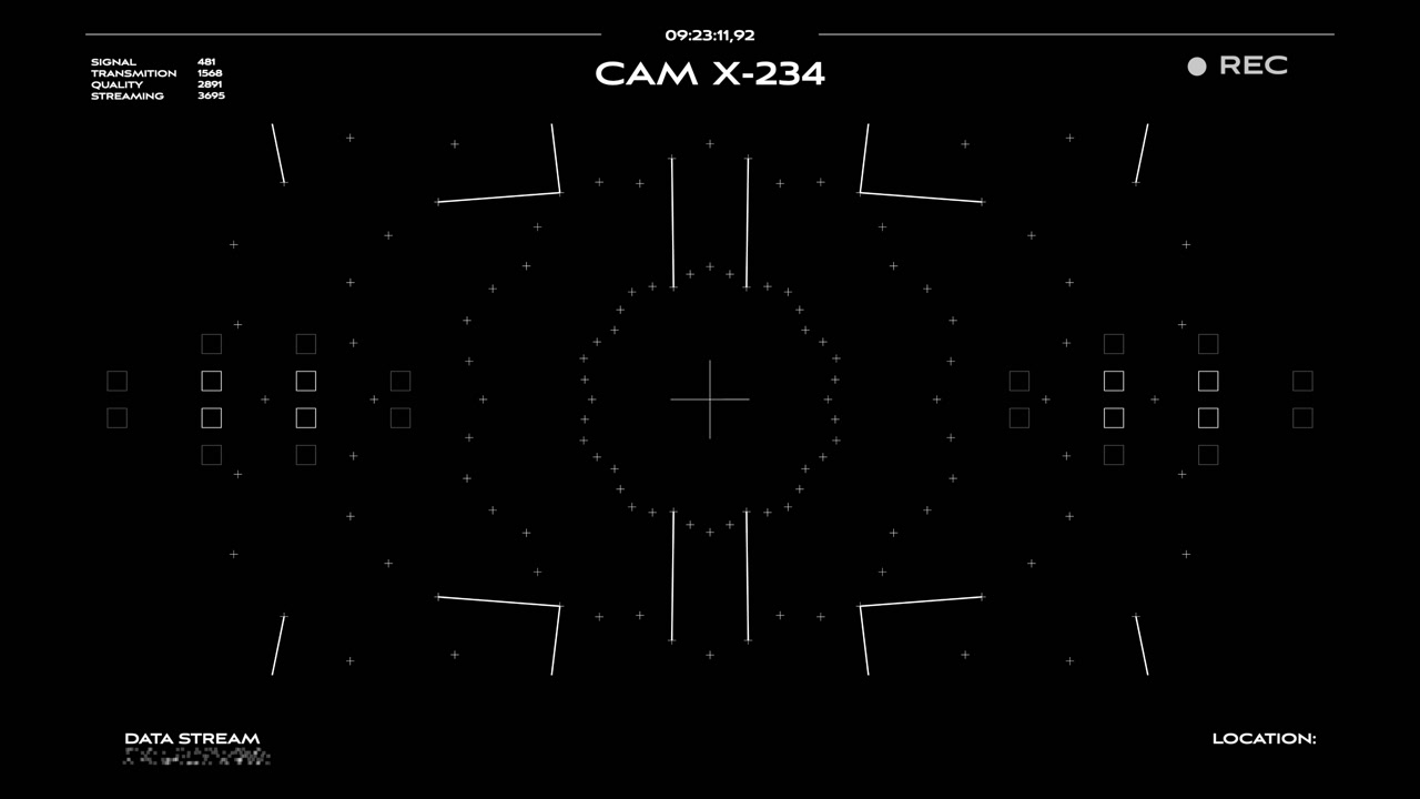 Detailed surveillance interface featuring a circular dotted grid and recording indicators. Perfect for representing advanced artificial intelligence monitoring and tech intros.