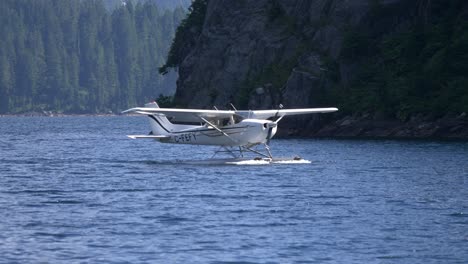 seaplane landed in the water near the rocky cliff