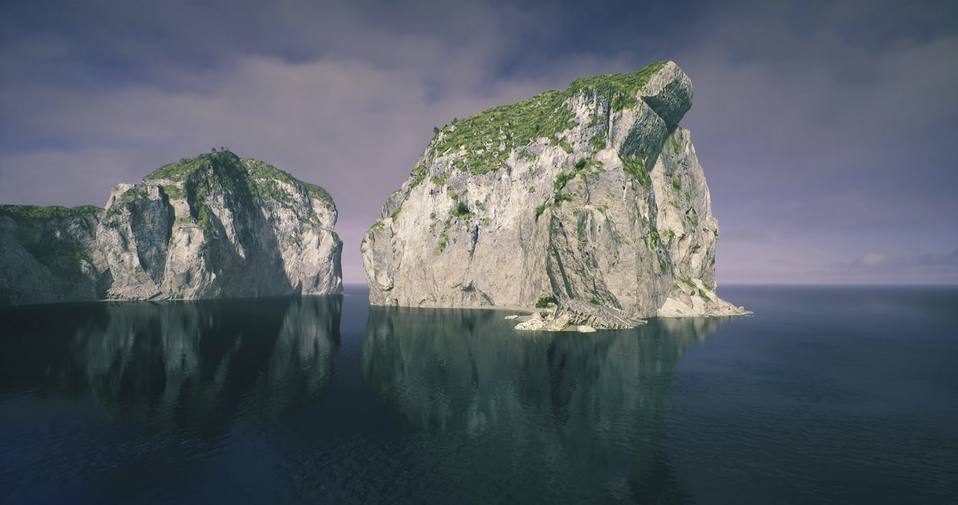 Twilight scene featuring towering twin stones and shimmering sea surface