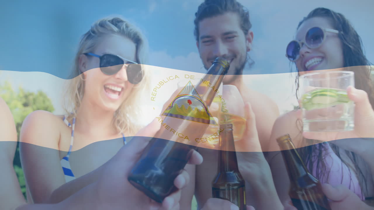 People toasting with drinks over Nicaragua flag animation in sunny setting