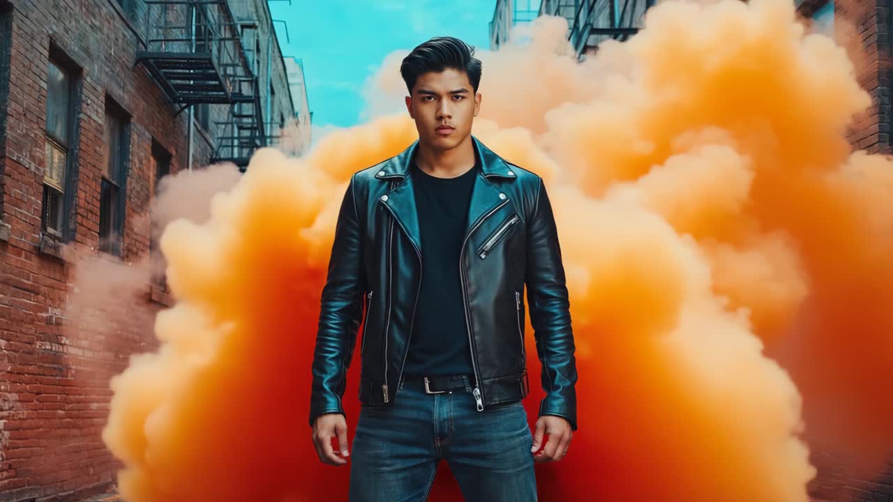 Stylish Man in Leather Jacket Amidst Orange Smoke in Urban Setting